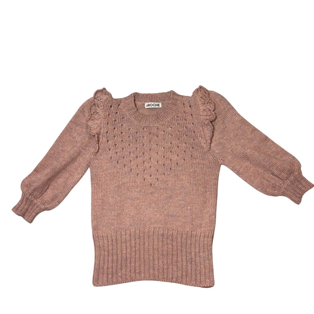 St. Roche Blush Pink Baby Alpaca Ruffle Pointelle Knit Sweater Sz S Cottage Core